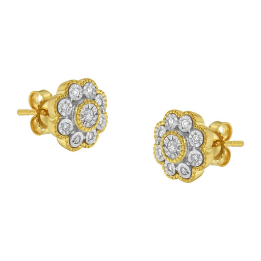 Bids.com 14K Yellow Gold Plated .925 Sterling Silver 1/6 Cttw Miracle-Plate Set Diamond Floral Stud Earrings (I-J Color, I2-I3 Clarity) Earrings White Smoke Yellow.Sterling Silver / 0.15