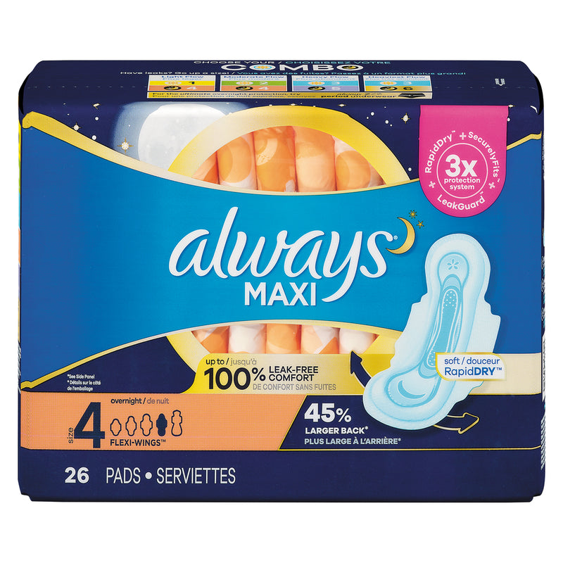 Always Always Maxi Overnight Pads with Wings, Size 4, Unscented, 26 Count Feminine Pads & Protectors Dark Slate Gray