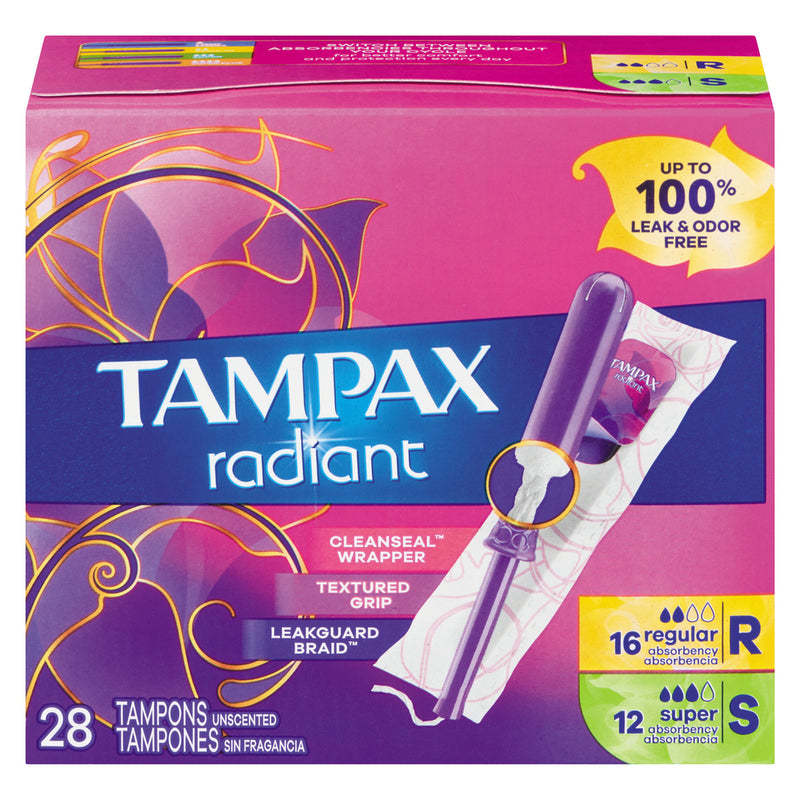 Tampax Tampax Radiant Tampons Duo Pack - Light/Regular Absorbency, LeakGuard Braid, Unscented Tampons Violet Red