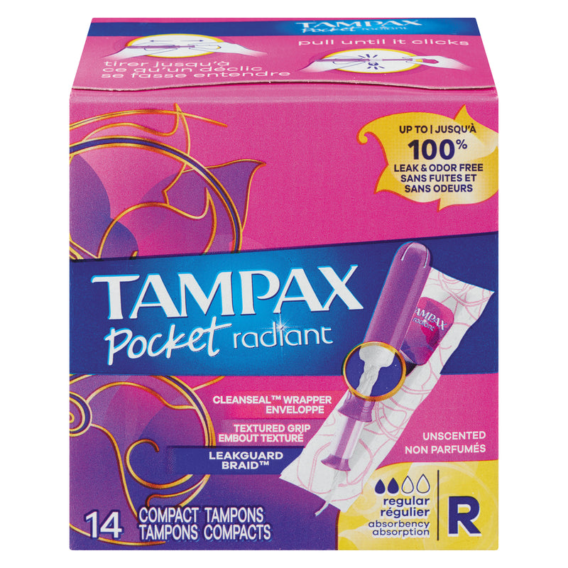 Tampax Tampax Pocket Radiant Compact Tampons Regular Absorbency With BPA-Free Plastic Applicator And LeakGuard Braid, Unscented Tampons Violet Red