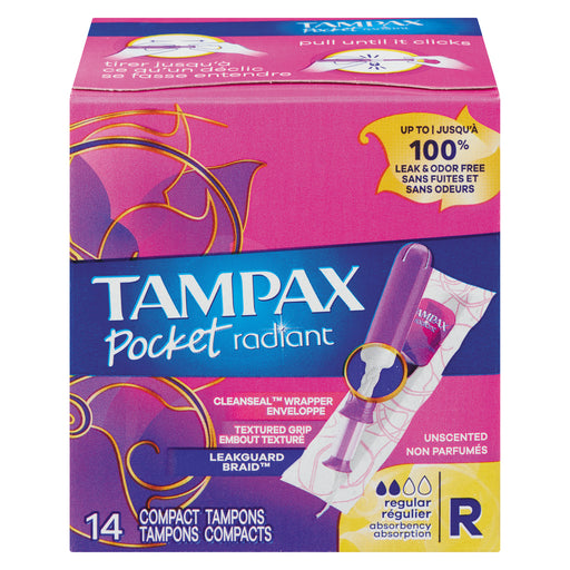 Tampax Tampax Pocket Radiant Compact Tampons Regular Absorbency With BPA-Free Plastic Applicator And LeakGuard Braid, Unscented Tampons Violet Red