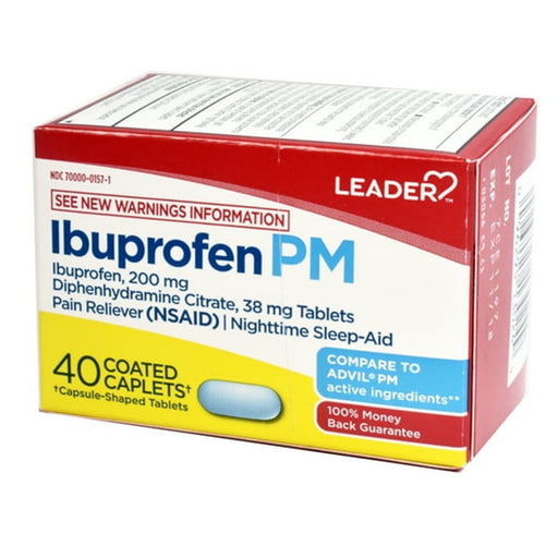 Leader Health Care Leader Health Care Ibuprofen, PM, 200 Mg, Caplets Medicine & Drugs White Smoke