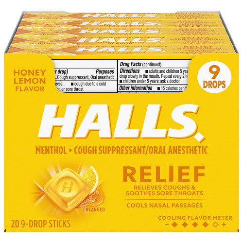 Halls Halls Relief Honey Lemon Cough Drops - 9 Drop Stick Respiratory Care Gold