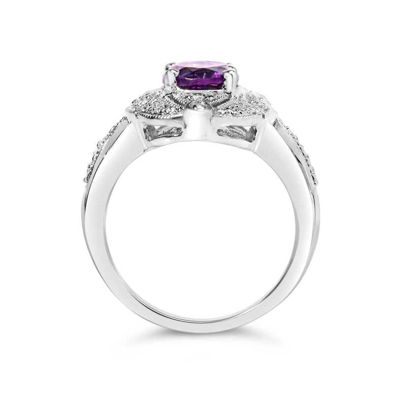 Bids.com .925 Sterling Silver 9x7mm Oval Purple Amethyst and Diamond Accent Art Deco Style Cocktail Ring (I-J Color, I1-I2 Clarity) - Size 6 Rings White Smoke 6 / White.Sterling Silver,7 / White.Sterling Silver,5 / White.Sterling Silver