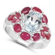 Bids.com 3.54 Carat Genuine Aquamarine, Ruby and White Topaz .925 Sterling Silver Ring Rings White Smoke size 6.00,size 7.00,size 8.00,size 9.00