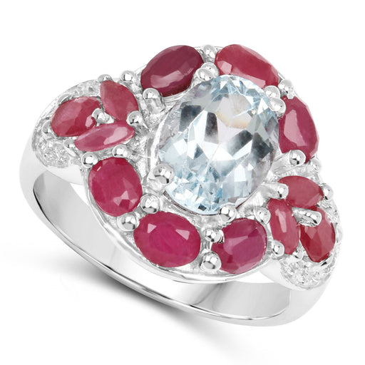 Bids.com 3.54 Carat Genuine Aquamarine, Ruby and White Topaz .925 Sterling Silver Ring Rings White Smoke size 6.00,size 7.00,size 8.00,size 9.00