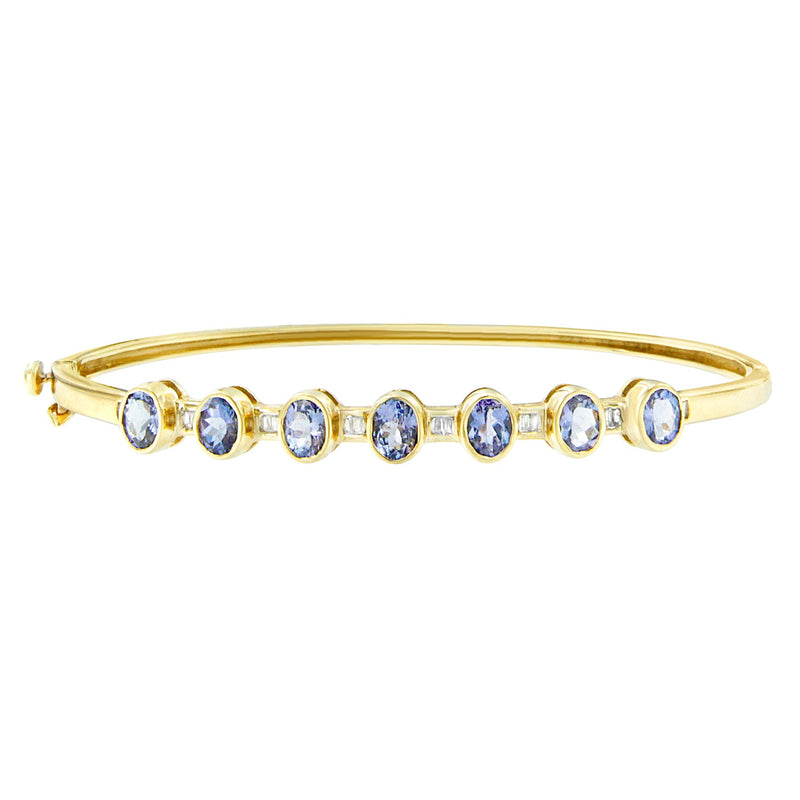 Bids.com 14K Yellow Gold Alternating Bezel Set 5MM Oval Shaped Tanzanite and 1/5 Cttw Diamond Bangle Bracelet (H-I Color, VS2-SI1 Clarity) - Fit's wrists up to 7.25" Inches Bracelets White Smoke Yellow.Gold / 7