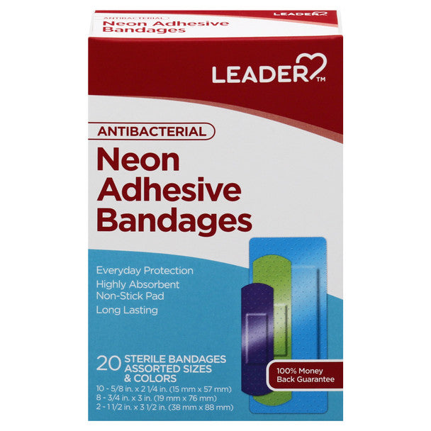 Leader Health Care Leader™ Antibacterial Neon Adhesive Bandages – Assorted Sizes & Colors First Aid Light Gray