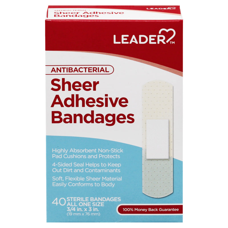 Leader Leader Adhesive Bandages Sheer Antibacterial 0.75x3 In 40Ct Medical Tape & Bandages Medium Aquamarine