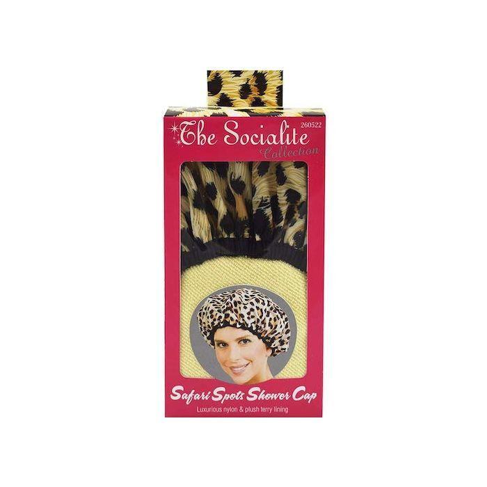 0 Betty Dain Socialite Terry Liner Shower Cap In Safari Spots Shower Caps White Smoke