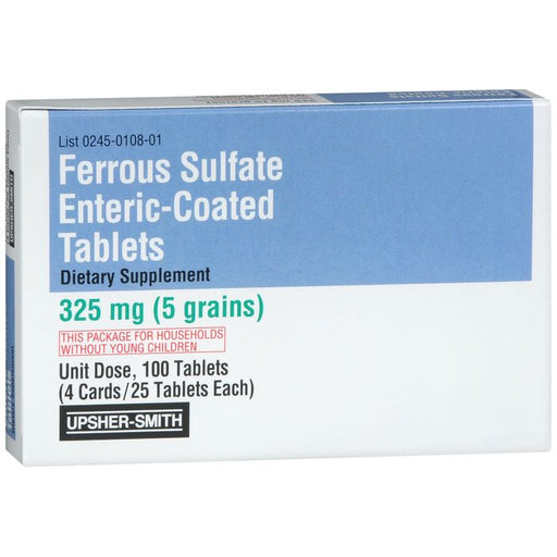 Upsher-Smith Upsher-Smith Ferrous Sulfate, Enteric Coated Tablets, 325mg - 100 Tablets Vitamins & Supplements Alice Blue