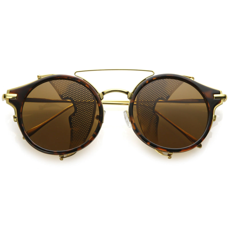 zeroUV Vintage Dapper Steampunk Side Cover Round Sunglasses C083 Sunglasses White Smoke Tortoise Gold Brown
