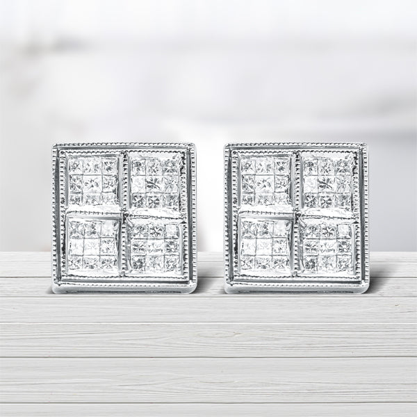 Bids.com 14K White Gold 1/2 Cttw Princess Diamond Composite Box Shape Milgrain Stud Earrings (H-I Color, SI1-SI2 Clarity) Earrings Light Gray White.Gold / 0.5
