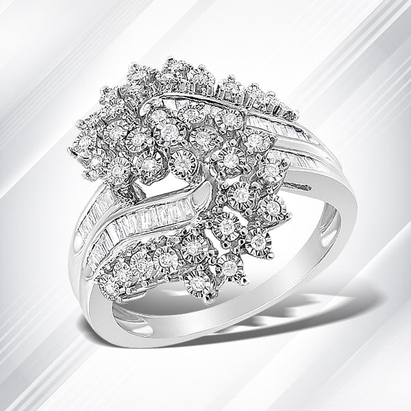 Bids.com 10K White Gold 1/2 Cttw Round and Baguette-Cut "S" Shaped Bypass Cocktail Ring (I-J Color, I1-I2 Clarity) - Size 7 Rings White Smoke 9 / White.Gold,8 / White.Gold,6 / White.Gold,7 / White.Gold