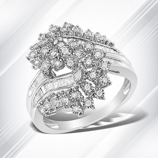 Bids.com 10K White Gold 1/2 Cttw Round and Baguette-Cut "S" Shaped Bypass Cocktail Ring (I-J Color, I1-I2 Clarity) - Size 7 Rings White Smoke 9 / White.Gold,8 / White.Gold,6 / White.Gold,7 / White.Gold