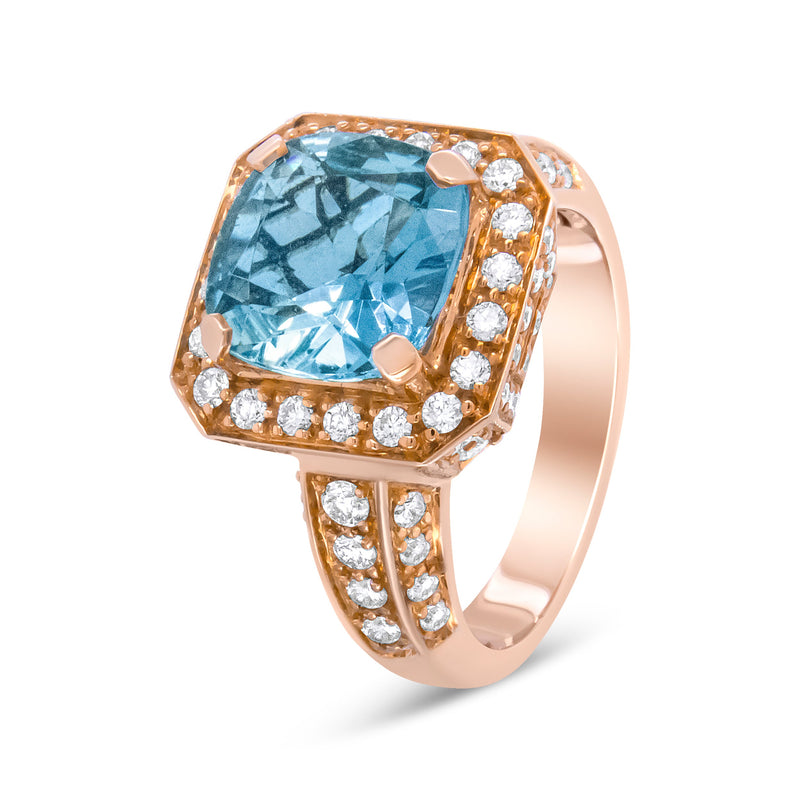 Bids.com 18K Rose Gold 10x10mm Cushion Shaped Aquamarine and 1 1/8 Cttw Round Diamond Halo Ring (F-G Color, VS1-VS2 Clarity) - Ring Size 6.5 Rings White Smoke 6.5 / Yellow.Gold