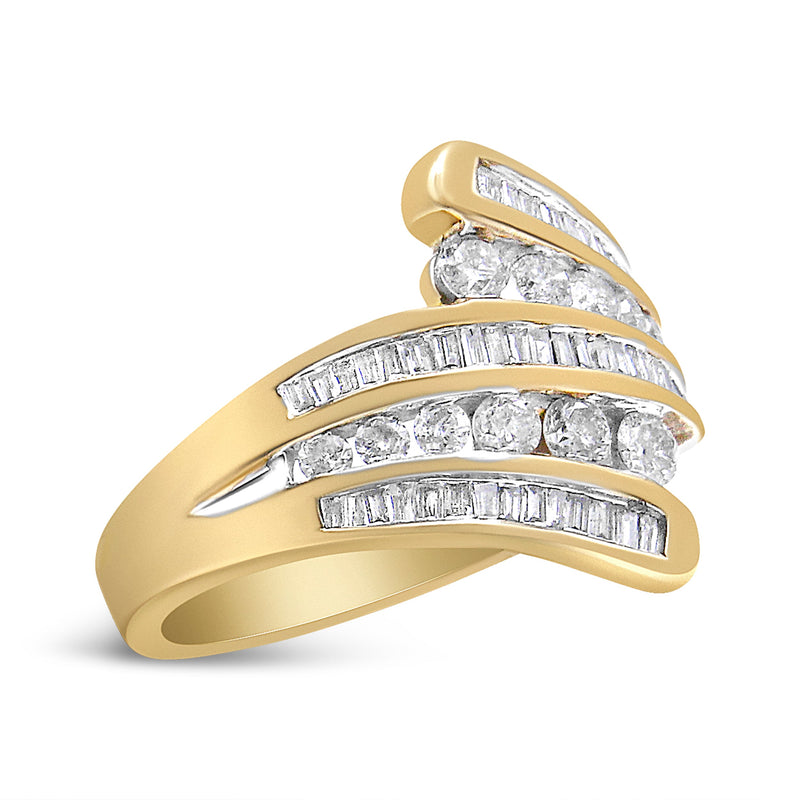 Bids.com 10K Yellow Gold 1 Cttw Round and Baguette-Cut Diamond Multi Row Bypass Ring Band (H-I Color, I1-I2 Clarity) - Ring Size 7 Rings White Smoke 7 / Yellow.Gold