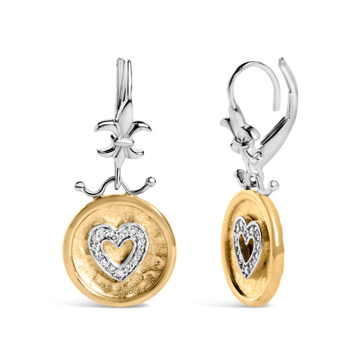 Bids.com 18K Yellow Gold Plated .925 Sterling Silver 1/8 Cttw Diamond Hammered Finished Medallion Heart Drop and Dangle Earrings (I-J Color, SI1-SI2 Clarity) Earrings White Smoke YellowWhite.Sterling Silver / 0.13