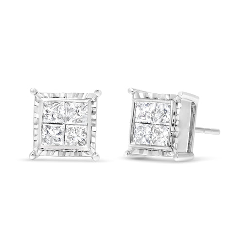 Bids.com 14K White Gold 1 1/2 Cttw Invisible Set Princess-Cut Diamond Contemporary Wavy Quad Stud Earrings (I-J Color, I1-I2 Clarity) Earrings White Smoke White.Gold / 1.5