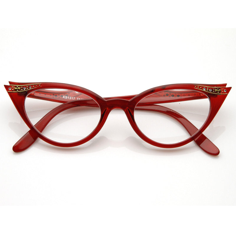 zeroUV Vintage 1950s Fashion Clear Lens Glasses Rhinestones 8434 Glasses White Smoke Red