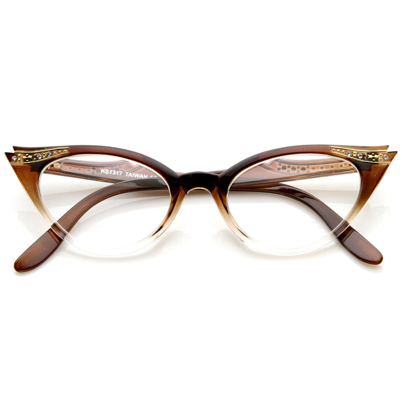 zeroUV Vintage 1950s Fashion Clear Lens Glasses Rhinestones 8434 Glasses White Smoke Brown Fade