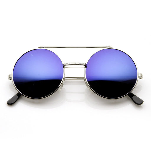 zeroUV Steampunk Mirrored Lens Round Circle Flip Up Frame Sunglasses 8794 Sunglasses White Smoke Black Blue Revo,Silver Blue Revo,Gold Midnight,Gold Purple,Gold Blue