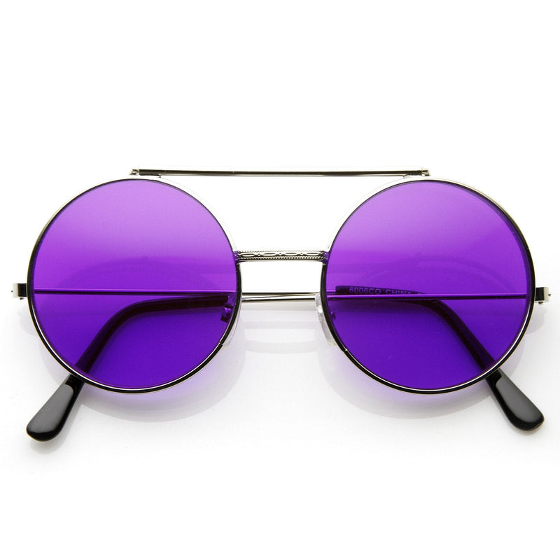 zeroUV Steampunk Vintage Circle Round Flip Up Vintage Sunglasses 8793 Sunglasses White Smoke Gold Purple