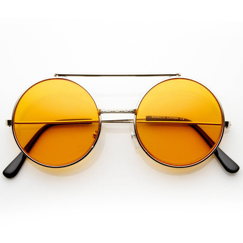 zeroUV Steampunk Vintage Circle Round Flip Up Vintage Sunglasses 8793 Sunglasses White Smoke Silver Orange