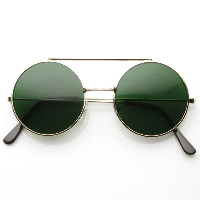 zeroUV Steampunk Vintage Circle Round Flip Up Vintage Sunglasses 8793 Sunglasses White Smoke Gold Green