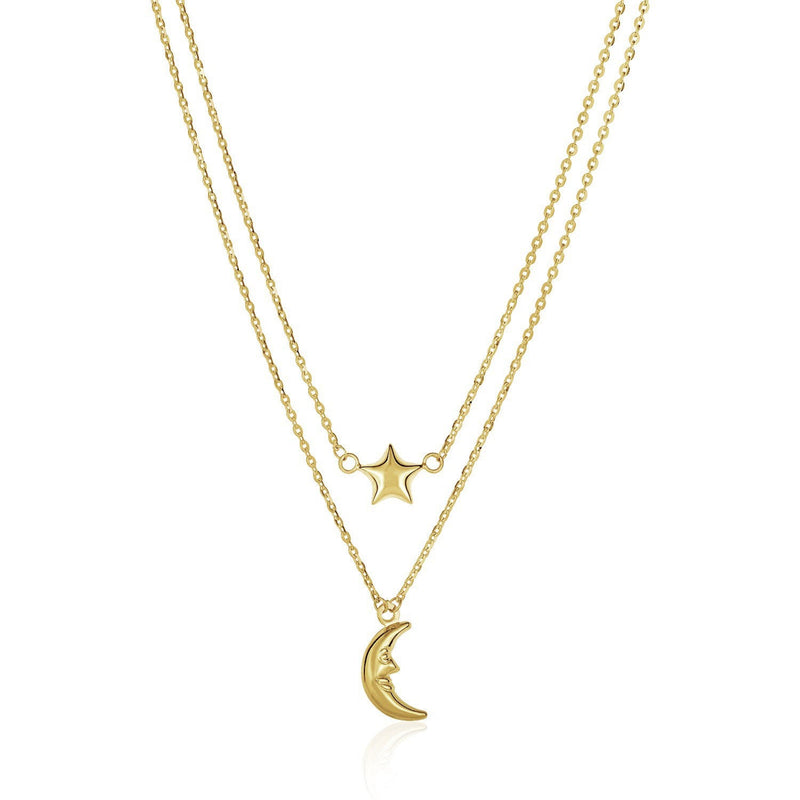 Bids.com 14k Yellow Gold Double-Strand Chain Necklace with Puff Moon and Star Necklaces White Smoke 18 / Yellow Gold