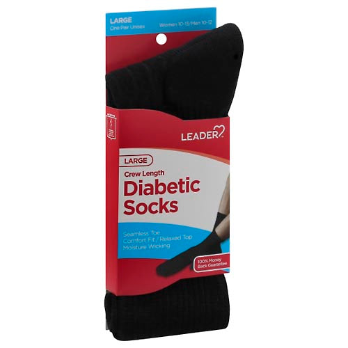 Leader Leader Diabetic Sock Crew Black Large - 1 Pair Socks Black