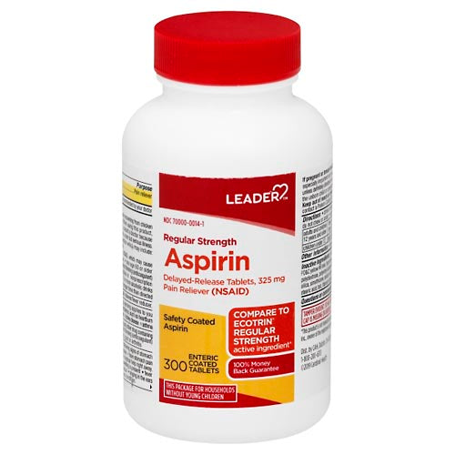 Leader Leader Aspirin 325mg Enteric Coated Tablets, 300 Count – Regular Strength Delayed-Release NSAID Medicine & Drugs White Smoke