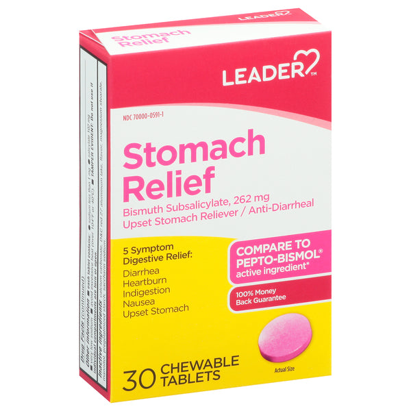 Leader Leader Stomach Relief Bismuth Subsalicylate 262 Mg  Chewable Tablets 30Ct Health Care White Smoke