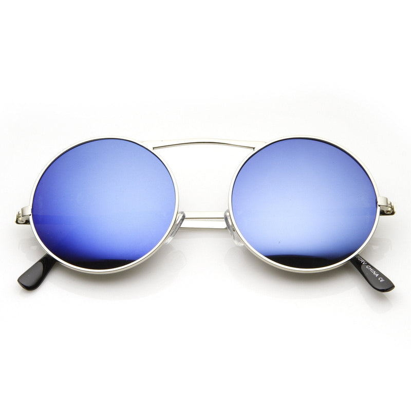 zeroUV Large Retro Round Steampunk Mirrored Lens Sunglasses 8759 Sunglasses White Smoke Silver Blue Revo