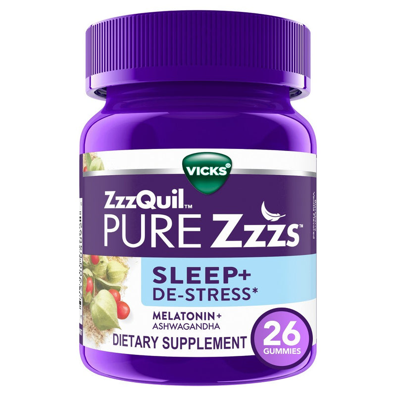 Vicks Vicks ZzzQuil Pure Zzzs Blackberry Vanilla Sleep+De-Stress 26 Gummies Snoring & Sleep Apnea Aids Midnight Blue