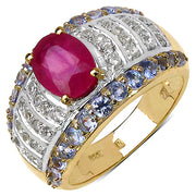Bids.com 14K Yellow Gold Plated 3.02 Carat Genuine Ruby, Tanzanite & White Topaz .925 Sterling Silver Ring Rings White Smoke size 7.00,size 6.00,size 8.00