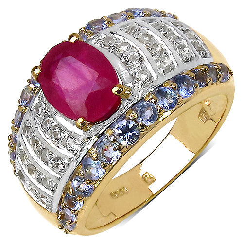 Bids.com 14K Yellow Gold Plated 3.02 Carat Genuine Ruby, Tanzanite & White Topaz .925 Sterling Silver Ring Rings White Smoke size 7.00,size 6.00,size 8.00