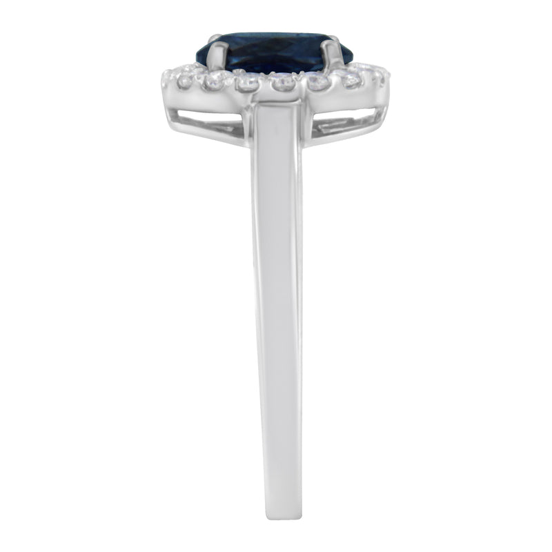 Bids.com 10K White Gold 1/5 Cttw Round Diamond and Prong Set 7MM Created Blue Sapphire Halo Cocktail Ring (H-I Color, I1-I2 Clarity) - Size 7 Rings White Smoke 7 / White.Gold