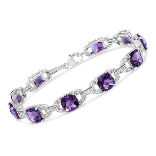 Bids.com .925 Sterling Silver 7mm Cushion Cut Amethyst Gemstone and Diamond Tennis Link Bracelet (I-J Color, I1-I2 Clarity) - Size 7" Bracelets White Smoke White.Sterling Silver / 7