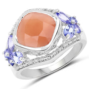 Bids.com 4.67 Carat Genuine Peach Moonstone and Tanzanite .925 Sterling Silver Ring Rings White Smoke size 7.00,size 6.00,size 8.00,size 9.00