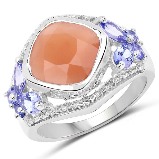 Bids.com 4.67 Carat Genuine Peach Moonstone and Tanzanite .925 Sterling Silver Ring Rings White Smoke size 7.00,size 6.00,size 8.00,size 9.00