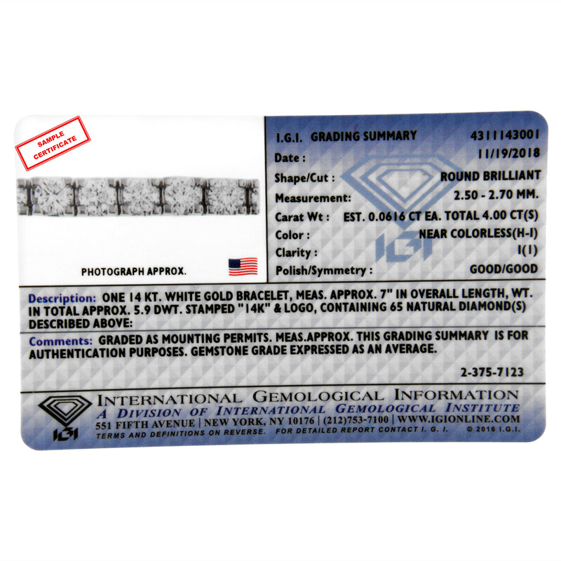 Bids.com IGI Certified 5.0 Cttw Cut Diamond 14K White Gold Classic 7â€ Tennis Bracelet (H-I Color, I1-I2 Clarity) Bracelets White Smoke White.Gold / 7 / 2,White.Gold / 7 / 7,White.Gold / 7 / 8,White.Gold / 7 / 5,White.Gold / 7 / 10,White.Gold / 7 / 6,White.Gold / 7 / 4