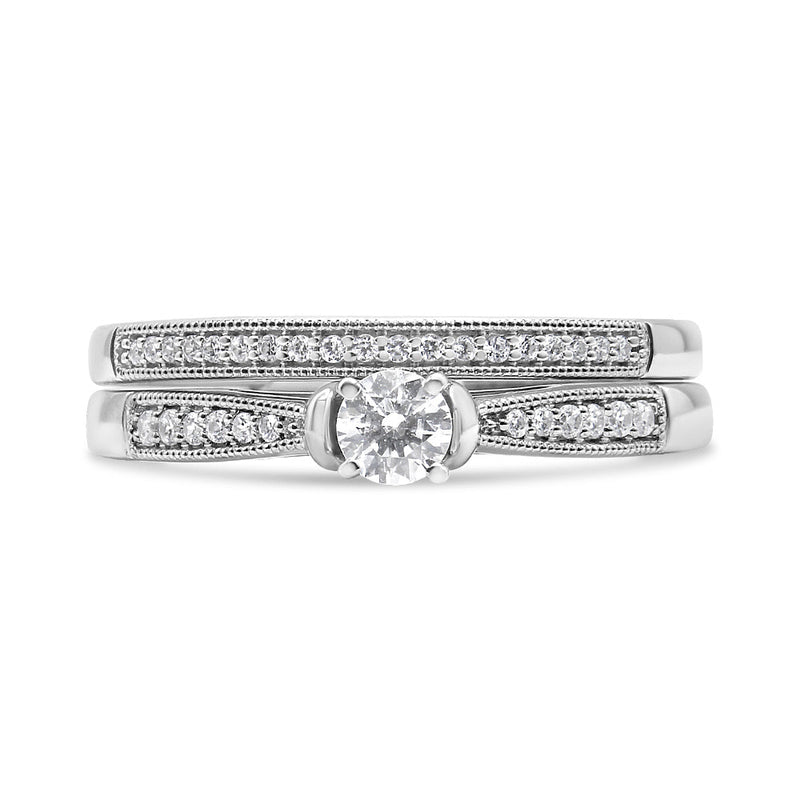 Bids.com .925 Sterling Silver 1/3 Cttw Diamond Classic Engagement Ring Bridal Set with Milgrain (I-J Color, I3 Clarity) - Ring Size 7 Rings Gray 7 / White.Sterling Silver,6 / White.Sterling Silver,5 / White.Sterling Silver,10 / White.Sterling Silver,8 / White.Sterling Silver,9 / White.Sterling Silver