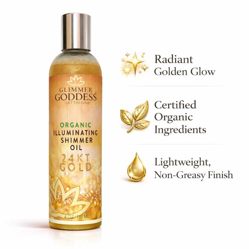 Glimmer Goddess® Organic Skin Care Organic Shimmer Body Oil for a Soft, Non-Greasy Body Glow Shimmer White Smoke 24kt Gold — Best for fair, light, medium, and tan skin