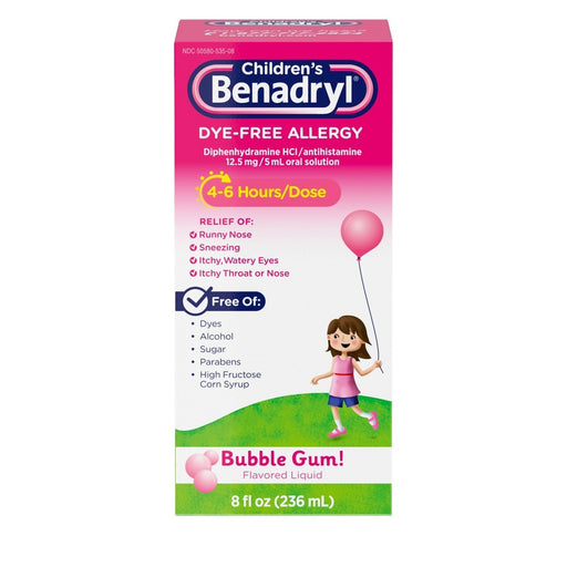 Children's Benadryl Benadryl Children's Liquid  Dye- Free,Bubble Gum! Flavored  Allergy 8 Fl Oz Medicine & Drugs White Smoke