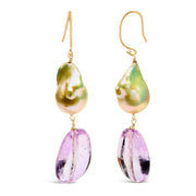 Bids.com 14K Yellow Gold Amethyst and Baroque Pearl Drop and Dangle Earrings 2" Inch Dangle Length Earrings White Smoke Yellow.Gold