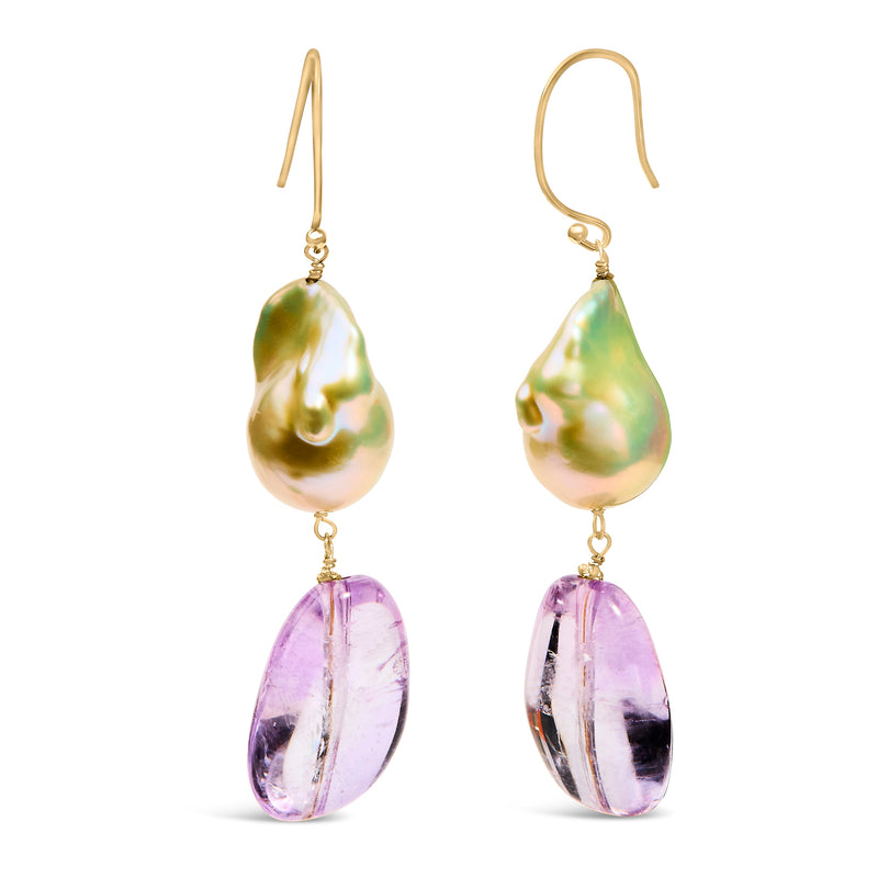 Bids.com 14K Yellow Gold Amethyst and Baroque Pearl Drop and Dangle Earrings 2" Inch Dangle Length Earrings White Smoke Yellow.Gold
