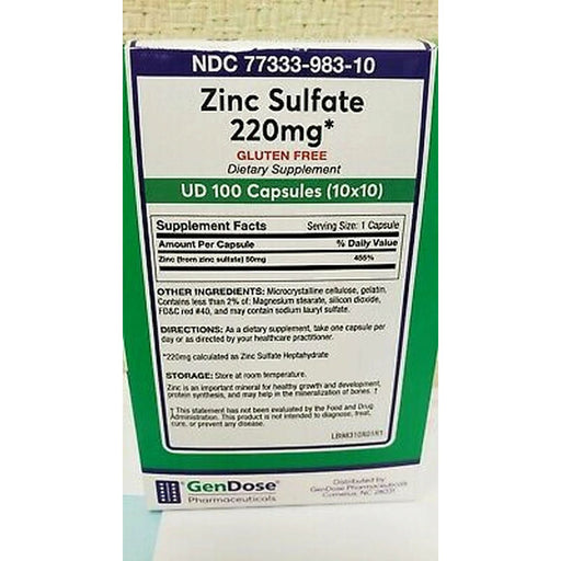 GenDose Pharmaceuticals GenDose Pharmaceuticals Pharma Zinc Sulfate 220mg Capsules 100ct Fitness & Nutrition Light Gray