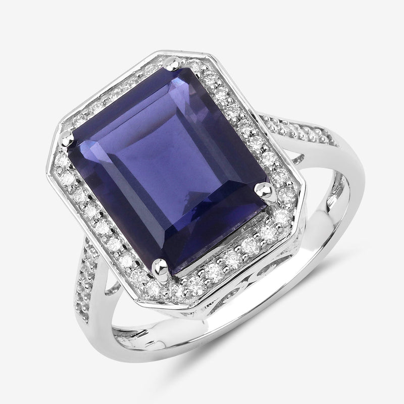 Bids.com 3.70 Carat Genuine Iolite and White Diamond 14K White Gold Ring Rings White Smoke size 6.00,size 7.00,size 8.00,size 9.00