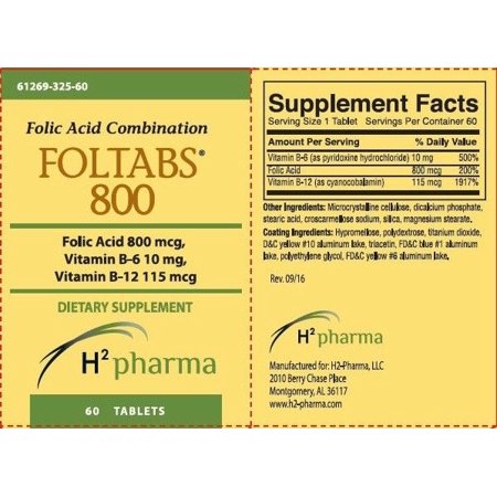H2 Pharma Foltabs 800 Dietary Supplement - 115mg Iron, 800mcg Folic Acid, 10mg B12 - 60 Tablets Vitamins & Supplements Light Goldenrod